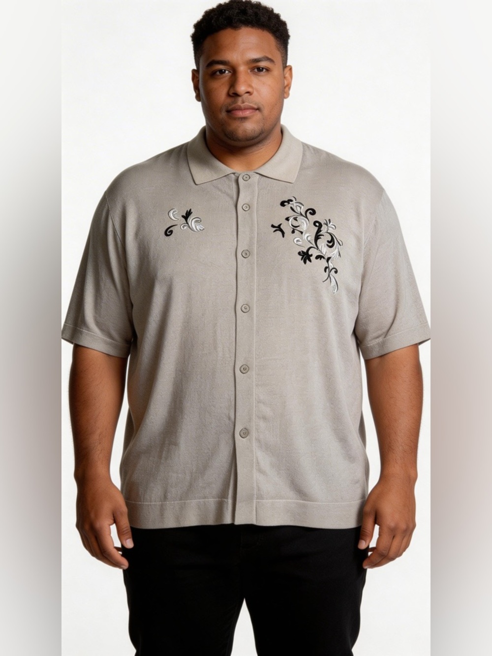 Creme de Silk Shirt 2XL Button Up, Short Sleeve, Silk Blend Gray Floral Scroll